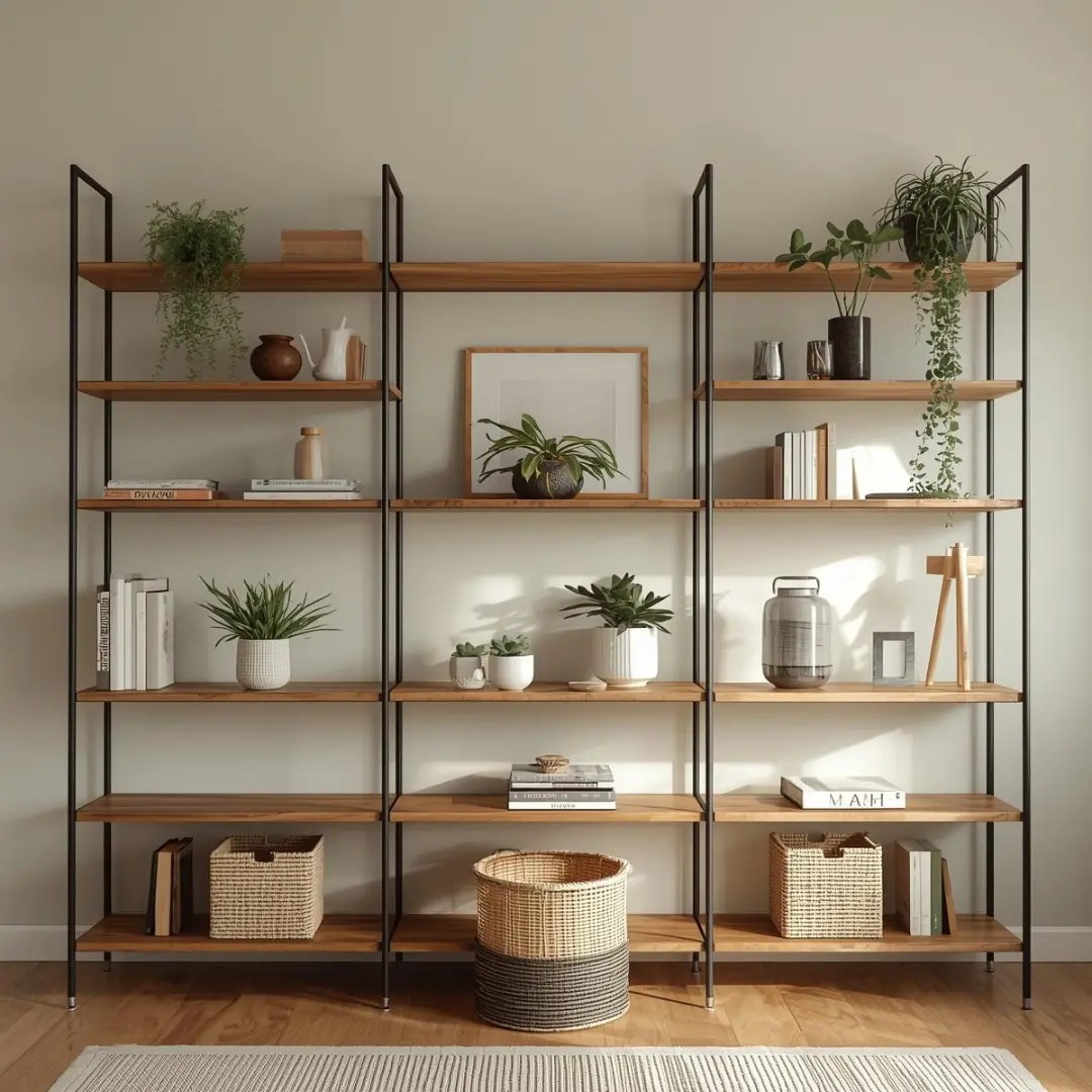 Beautifully organized home space with wooden shelves and minimalist decor
